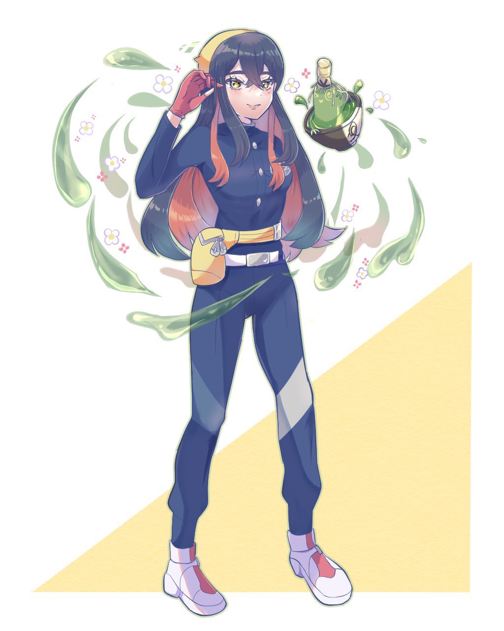 boronttt, carmine (pokemon), sinistcha, nintendo, pokemon, pokemon sv, highres, 1girl, black hair, blue gakuran, blue jacket, blush, closed mouth, colored inner hair, crossed bangs, eyelashes, fanny pack, flower, gloves, hair between eyes, hairband, jacket, long hair, long sleeves, looking at viewer, mole, mole under eye, multicolored hair, pokemon (creature), red gloves, red hair, shirt, single glove, smile, two-tone hair, yellow bag, yellow eyes, yellow hairband