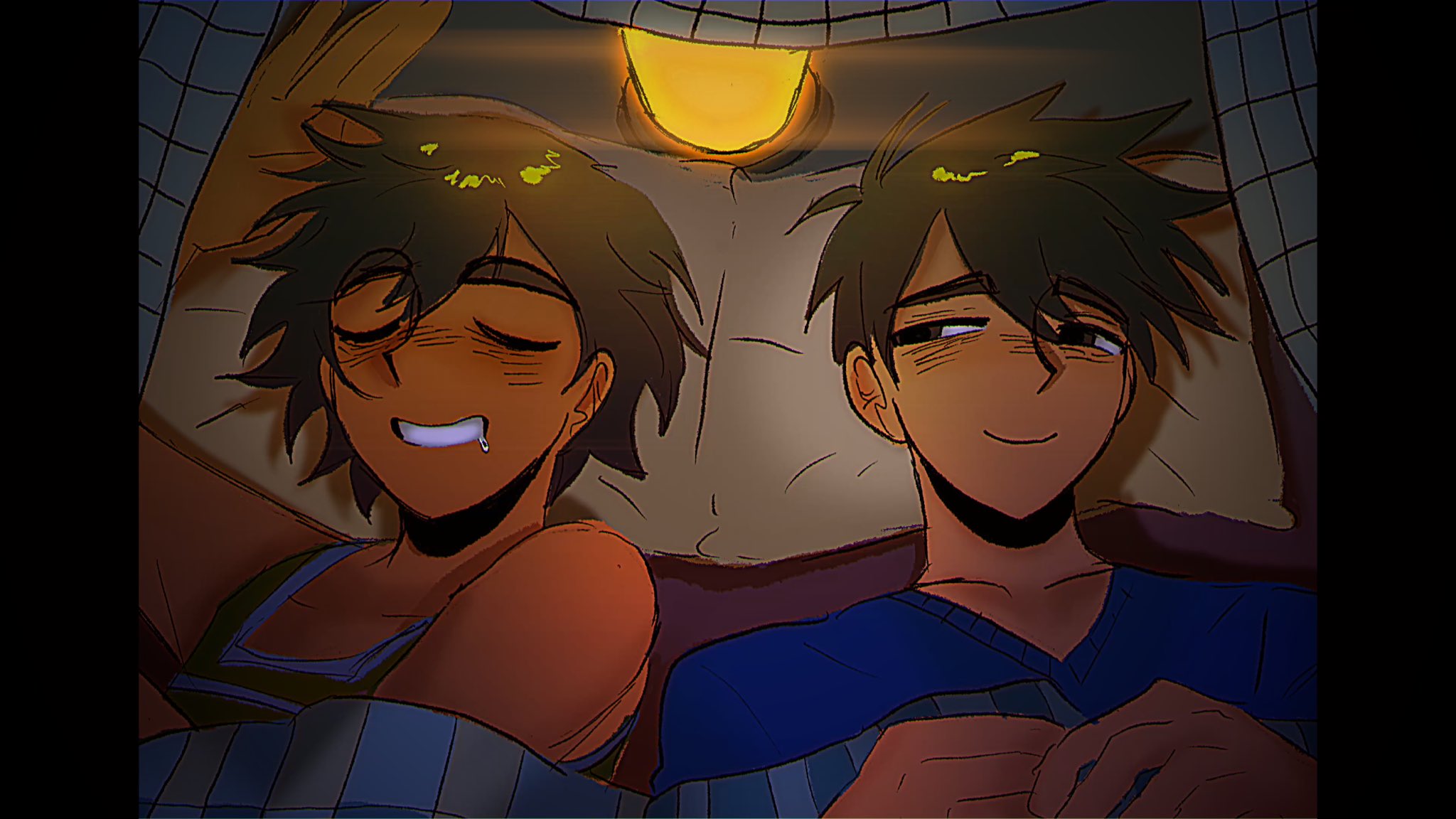 hero (faraway) (omori), hero (omori), kel (faraway) (omori), kel (omori), omori, hashtag-only commentary, highres, 2boys, :d, antenna hair, arm up, bare shoulders, blue sweater, brothers, brown eyes, brown hair, closed eyes, closed mouth, dark-skinned male, dark skin, double-parted bangs, drooling, hair behind ear, hair between eyes, hair spread out, hands up, head on pillow, indoors, looking at another, looking to the side, lyuz (justtoseemeplea), male focus, mouth drool, multiple boys, open mouth, orange tank top, pillarboxed, pillow, portrait, scene reference, short hair, siblings, sideways glance, sleeping, smile, sweater, tank top, u u, under covers, v-neck, very short hair, vignetting, white trim