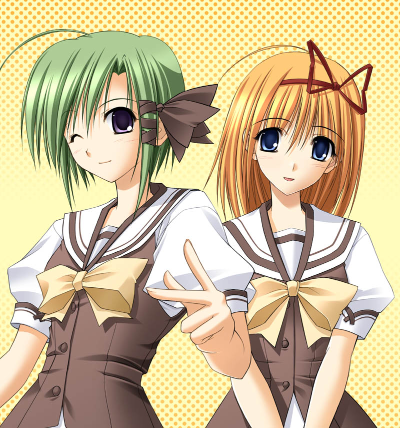 takepon, fuyou kaede, shigure asa, shuffle!, 00s, blue eyes, green hair, orange hair, purple eyes, ribbon, school uniform, serafuku, short hair, smile, wink