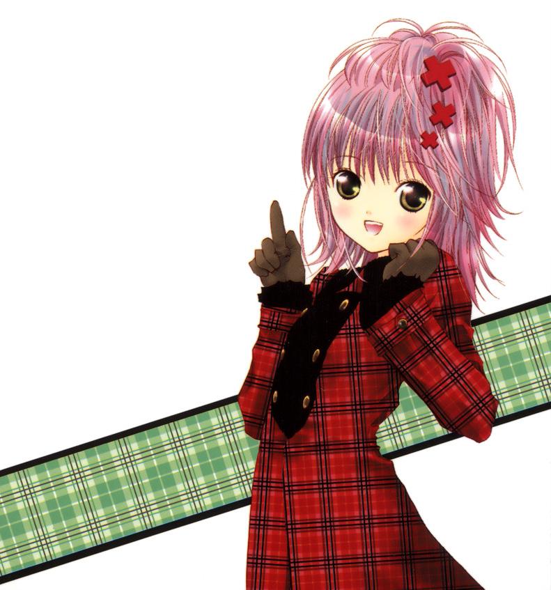 peach-pit, hinamori amu, shugo chara!, plaid, official art, scan, 1girl, blush, coat, cross hair ornament, female focus, gloves, hair ornament, pink hair, short hair, smile, solo, yellow eyes