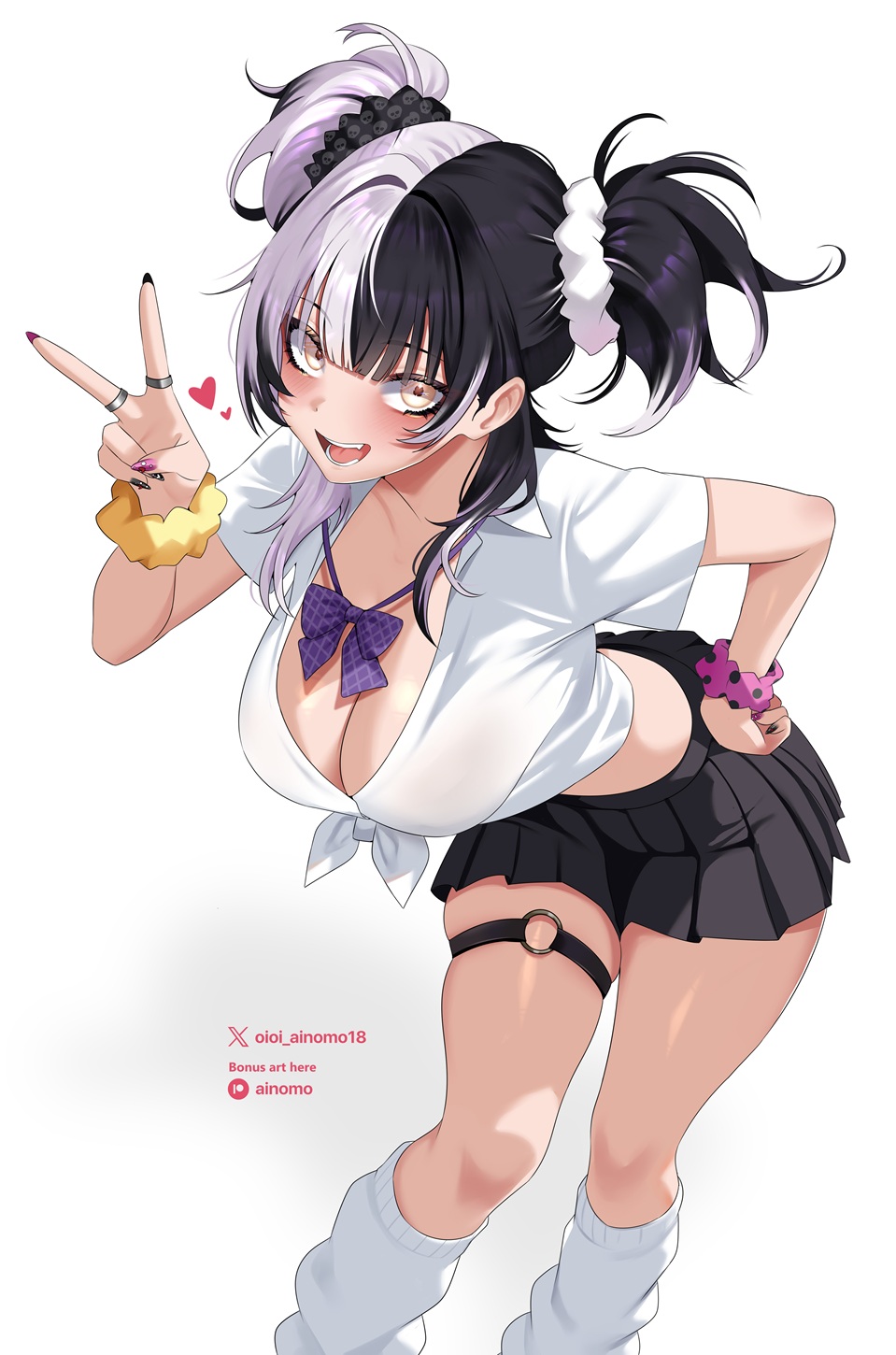 oioi ainomo, shiori novella, hololive, hololive english, commentary, english commentary, highres, paid reward available, 1girl, alternate costume, black hair, black skirt, bow, bowtie, breasts, cleavage, collared shirt, grey hair, gyaru, hand on own hip, hand up, large breasts, leaning forward, leg warmers, looking at viewer, multicolored hair, o-ring, o-ring thigh strap, pleated skirt, purple bow, purple bowtie, school uniform, shirt, short hair, short sleeves, simple background, skirt, solo, split-color hair, thigh strap, tied shirt, twintails, two-tone hair, v, virtual youtuber, white background, white shirt, yellow eyes