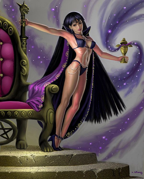 alan gutierrez, mistress 9, sailor saturn, tomoe hotaru, bishoujo senshi sailor moon, bikini, black hair, cape, chalice, earrings, high heels, jewelry, long hair, magic, necklace, realistic, shoes, swimsuit, throne, very long hair