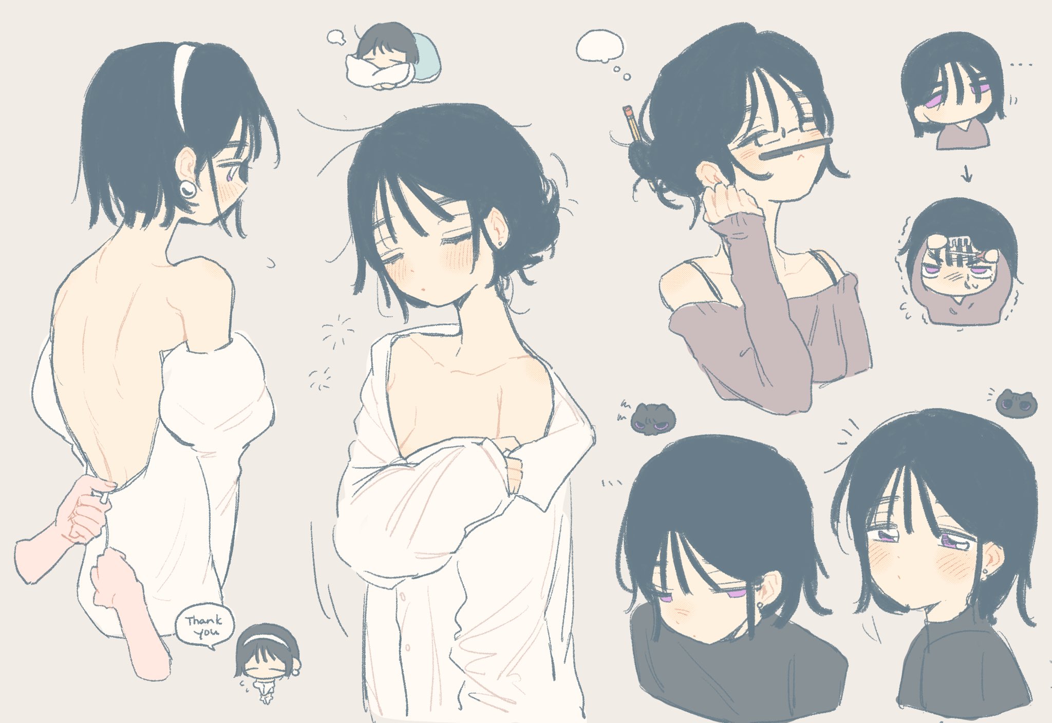 coldmeow, sua (alien stage), alien stage, highres, 1girl, bare shoulders, black hair, black shirt, bra strap, cat, closed eyes, dress, earrings, english text, grey sweater, hair bun, hair ornament, hair stick, hairband, jewelry, juliet sleeves, long sleeves, multiple views, notice lines, off-shoulder dress, off-shoulder sweater, off shoulder, pearl earrings, pen, pencil as mustache, pencil in hair, puffy sleeves, purple eyes, shirt, short hair, speech bubble, sweater, thought bubble, white dress, white hairband