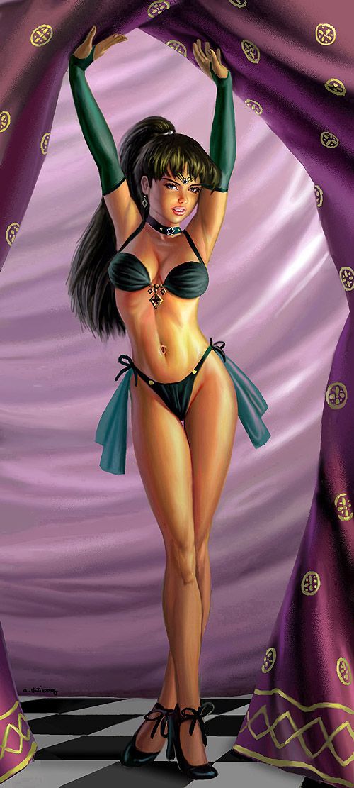 alan gutierrez, kino makoto, bishoujo senshi sailor moon, armpits, arms up, bikini, brown hair, choker, earrings, elbow gloves, gloves, high heels, highleg, jewelry, legs, ponytail, realistic, shoes, side-tie bikini bottom, solo, standing, swimsuit, tiara