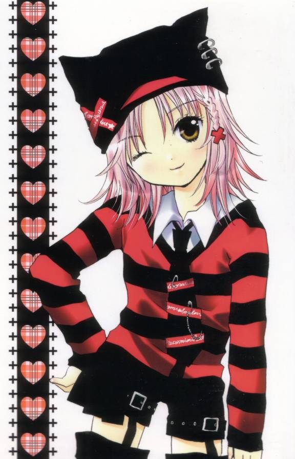 peach-pit, hinamori amu, shugo chara!, striped, official art, scan, 1girl, cross hair ornament, female focus, hair ornament, hat, jewelry, necktie, one eye closed, pink hair, short hair, shorts, smile, solo, thighhighs, wink, yellow eyes