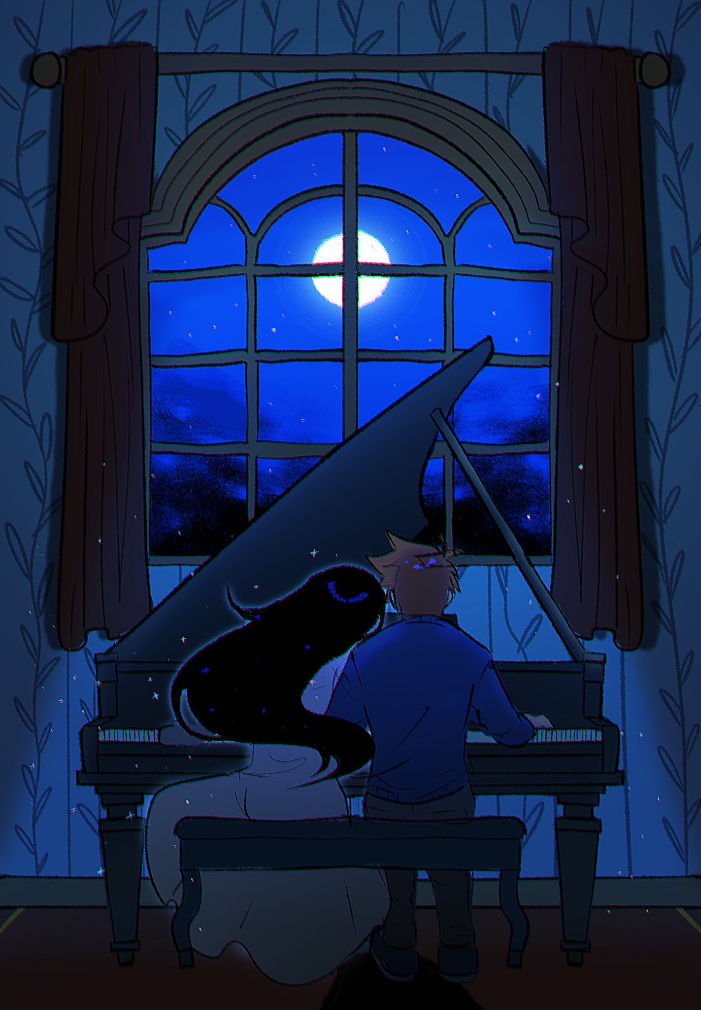 hero (faraway) (omori), hero (omori), mari (omori), mari (spirit) (omori), omori, hashtag-only commentary, highres, spoilers, 1boy, 1girl, antenna hair, black hair, blue sky, blue sweater, brown hair, chromatic aberration, curtains, dark, dress, film grain, from behind, full body, full moon, grand piano, grey pants, head on another's shoulder, indoors, instrument, light particles, long dress, long hair, long sleeves, lyuz (justtoseemeplea), moon, music, night, night sky, on bench, pants, piano, piano bench, playing instrument, playing piano, short hair, sitting, sky, sparkle, sweater, very long hair, white dress, window