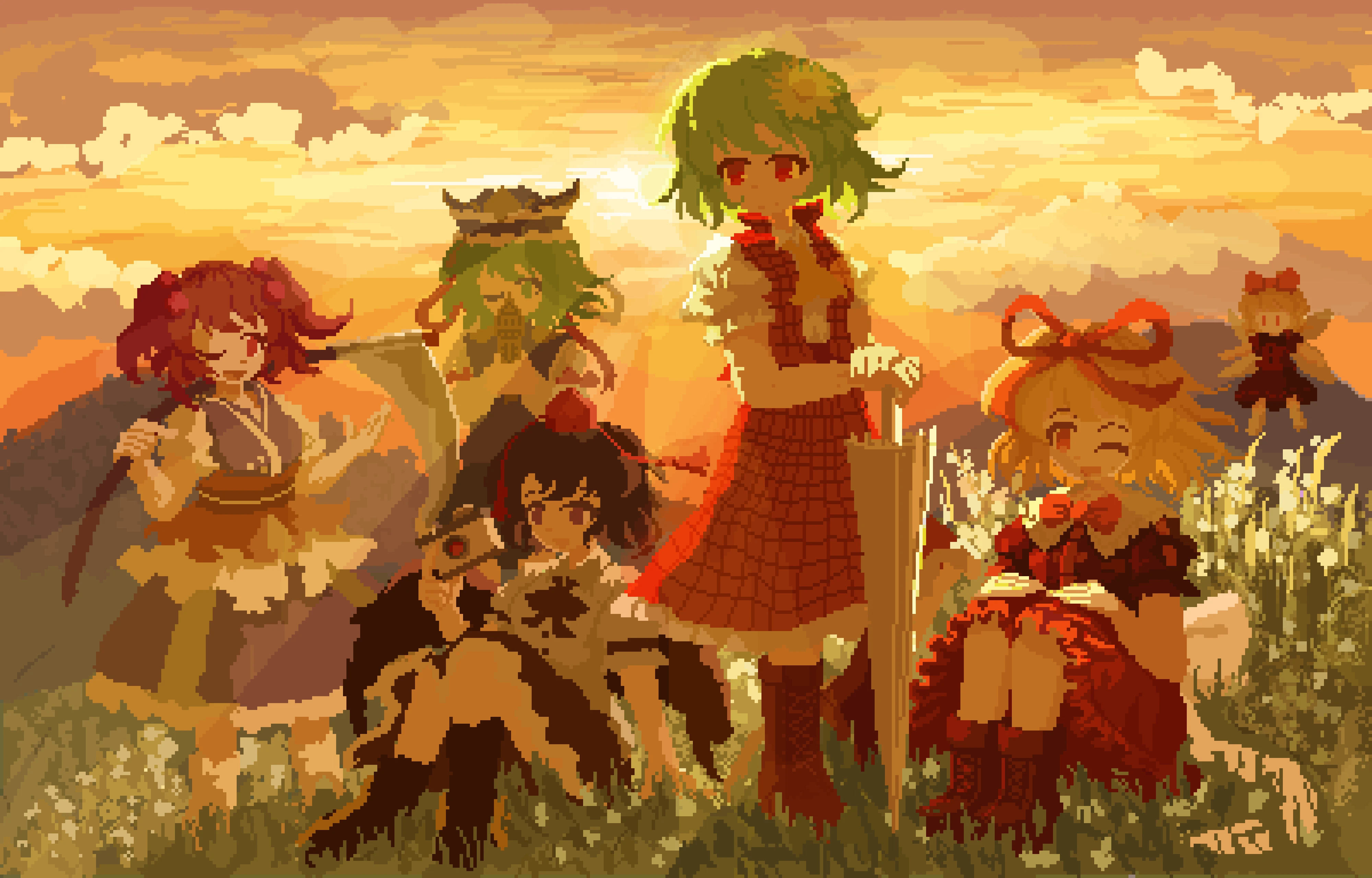 02charaice20, kazami yuuka, medicine melancholy, onozuka komachi, shameimaru aya, shiki eiki, su-san, phantasmagoria of flower view, touhou, absurdres, chinese commentary, commentary request, highres, 6+girls, ;d, ascot, bird wings, black bow, black bowtie, black wings, blonde hair, boots, bow, bowtie, flower, frilled skirt, frills, grass, hair bobbles, hair flower, hair ornament, hair ribbon, hat, holding, holding scythe, holding umbrella, knees up, mountainous horizon, multiple girls, one eye closed, open mouth, outdoors, pixel art, red eyes, red hair, red ribbon, red skirt, ribbon, rod of remorse, sash, scythe, shirt, short hair, sitting, skirt, smile, standing, sunflower, tokin hat, two side up, umbrella, white shirt, wings, yellow ascot