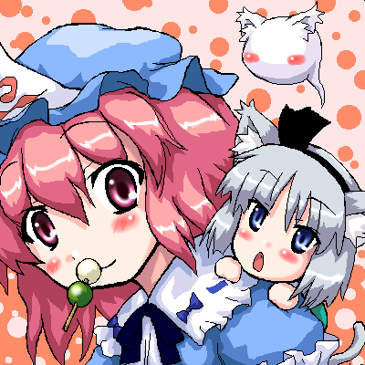myonde, konpaku youmu, konpaku youmu (ghost), saigyouji yuyuko, touhou, lowres, 2girls, animal ears, cat ears, cat girl, eating, female focus, food, hat, kemonomimi mode, multiple girls, oekaki