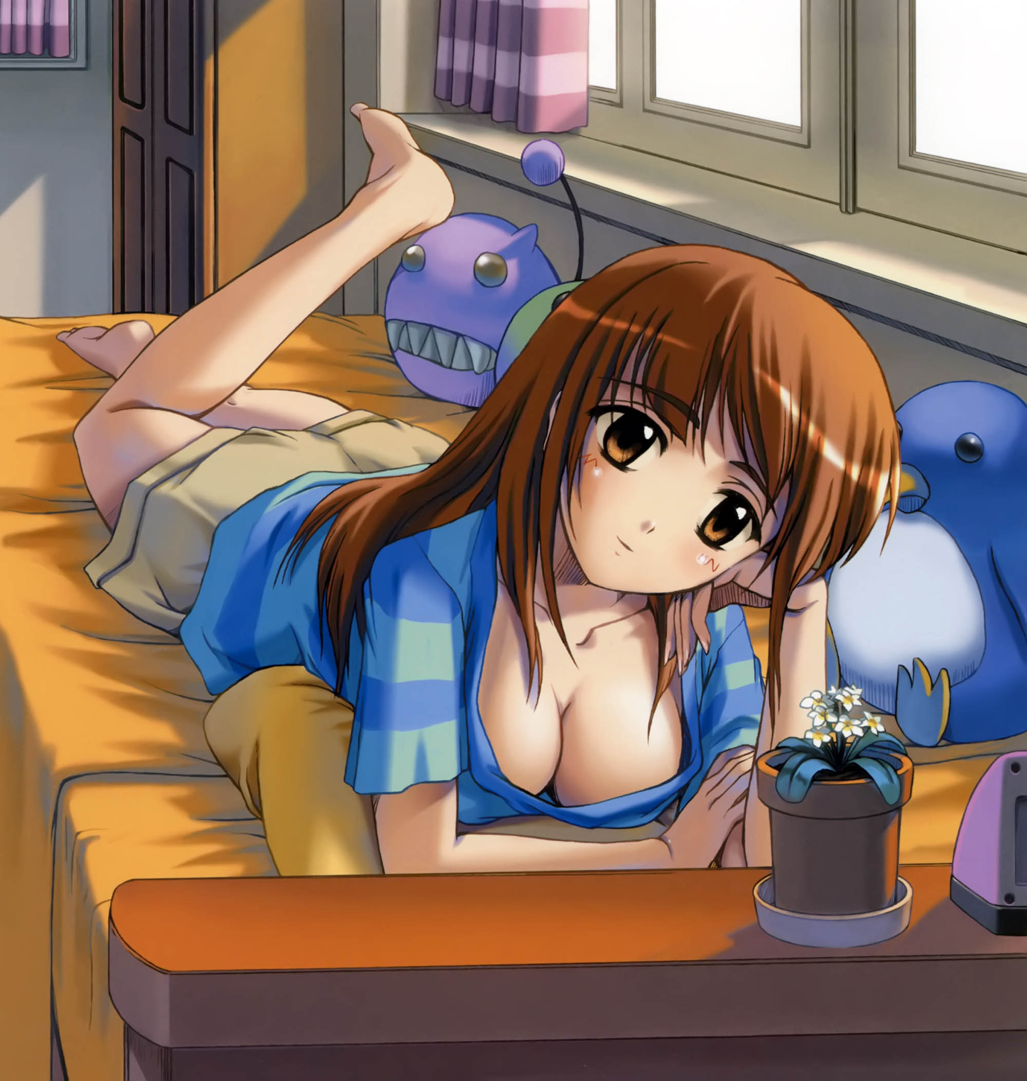 horie daikichi, highres, non-web source, scan, 1girl, barefoot, bed, breasts, brown eyes, brown hair, cleavage, downblouse, female focus, flower, large breasts, long hair, plant, solo, stuffed animal, stuffed toy