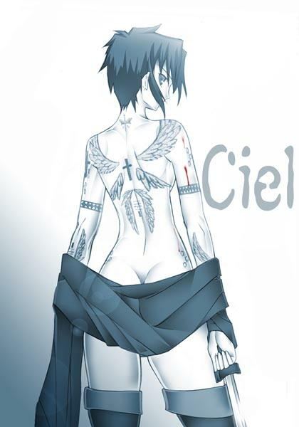 ciel, tsukihime, ass, black keys (type-moon), butt crack, monochrome, short hair, sword, tattoo, thighhighs, weapon, zettai ryouiki
