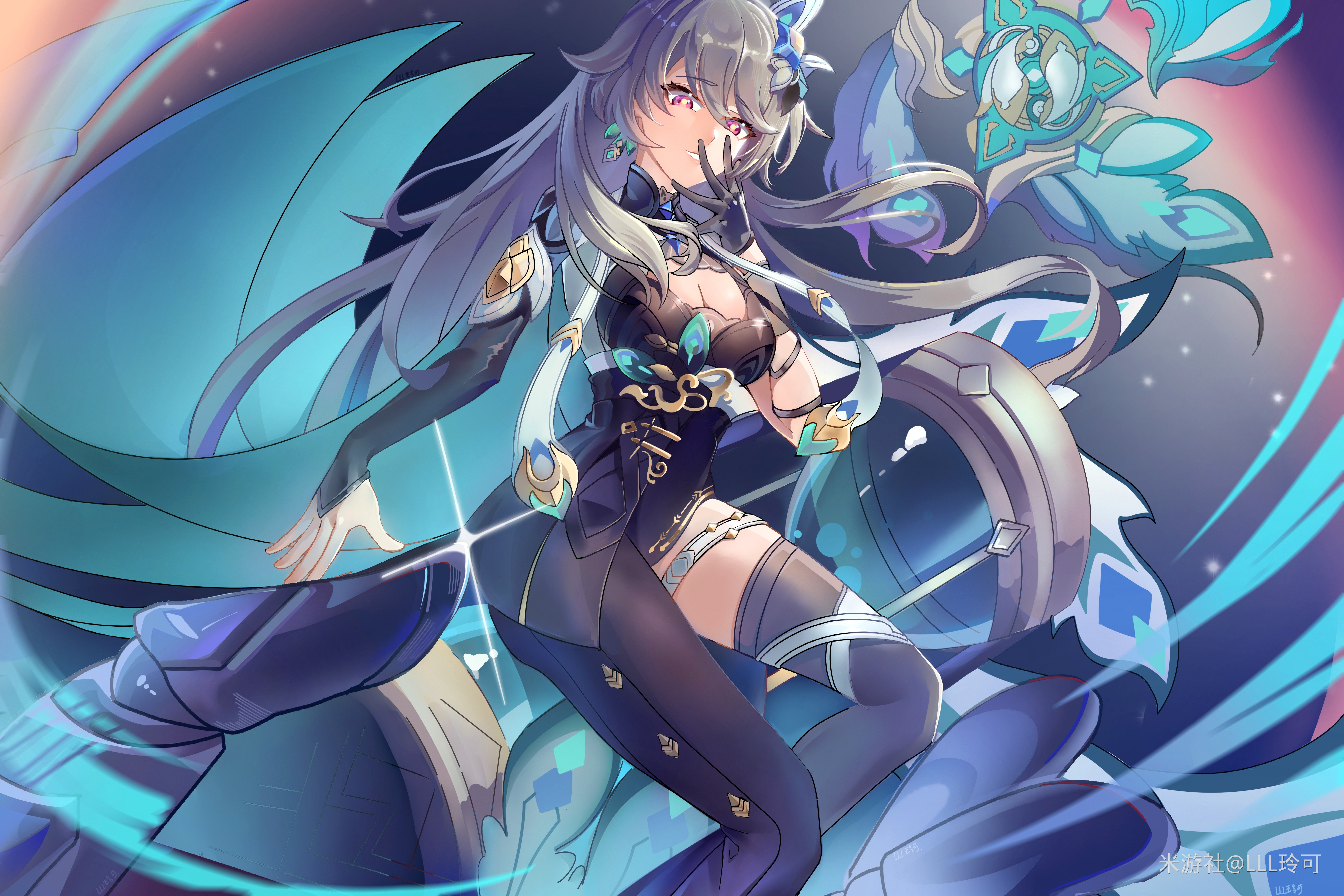 zuizhong kongju, vita (honkai impact), vita (lone planetfarer) (honkai impact), honkai (series), honkai impact 3rd, absurdres, chinese commentary, commentary request, highres, 1girl, black gloves, black thighhighs, earrings, gloves, grey hair, jewelry, long hair, miyoushe watermark, purple eyes, single glove, single leg bodysuit, single thighhigh, sky, solo, star (sky), starjumper (mecha), starry sky, thigh strap, thighhighs, very long hair, watermark