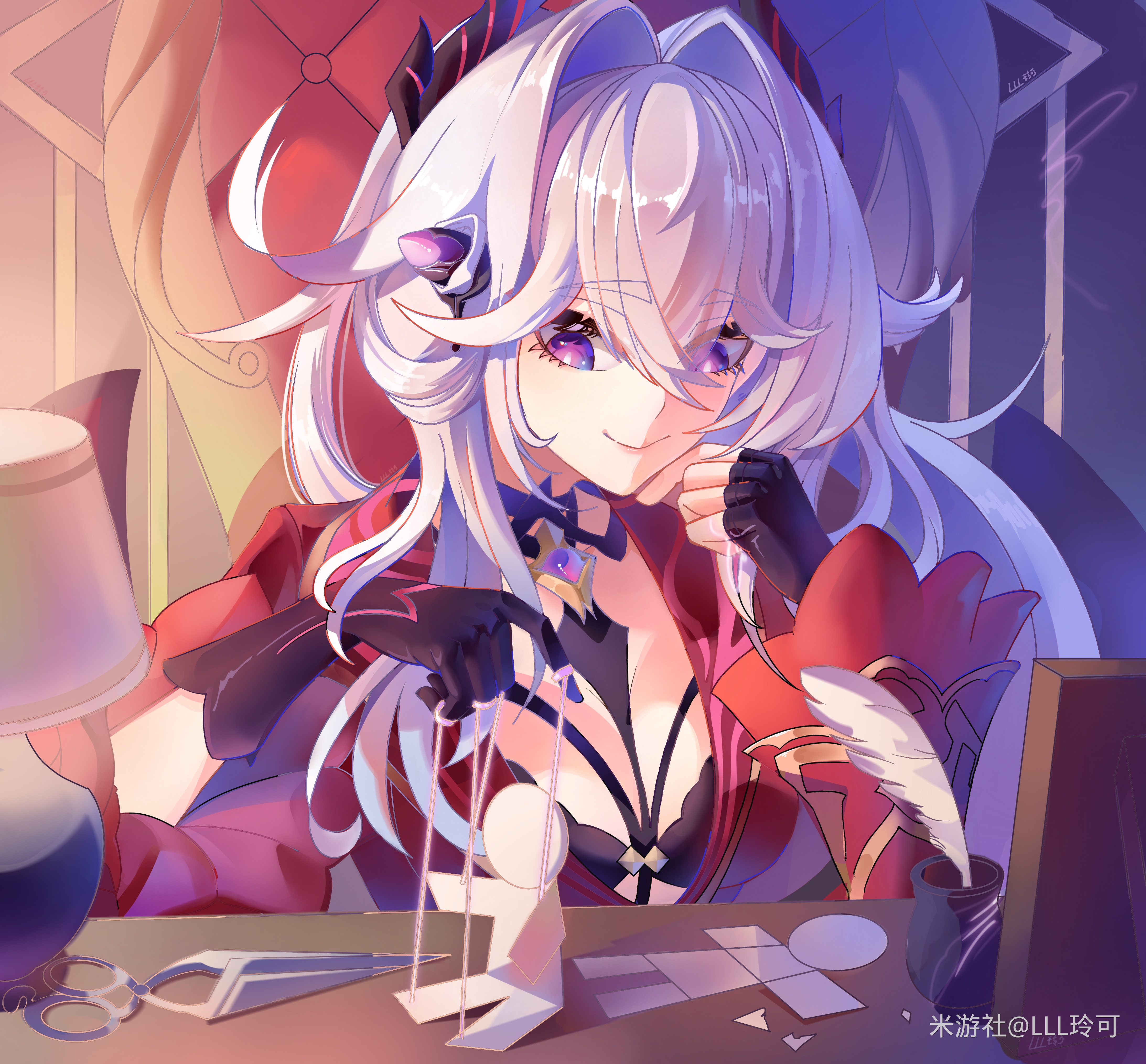 zuizhong kongju, thelema nutriscu, honkai (series), honkai impact 3rd, absurdres, chinese commentary, commentary request, highres, 1girl, black bra, black gloves, bra, bra peek, breasts, couch, fingerless gloves, gloves, hair intakes, large breasts, long hair, miyoushe watermark, on couch, purple eyes, red shirt, shirt, sitting, solo, table, underwear, very long hair, watermark, white hair