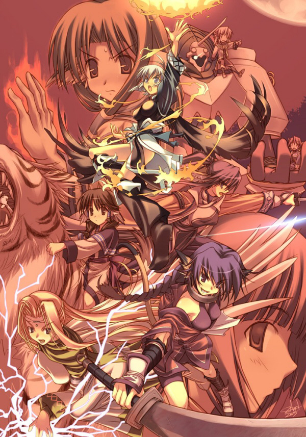 aruruu, camyu, karulau, touka (utawarerumono), ulthury, utawarerumono, 00s, 6+girls, animal ears, blue eyes, dog ears, electricity, fire, head wings, japanese clothes, lightning, long hair, multiple girls, ponytail, purple hair, sword, weapon, wings
