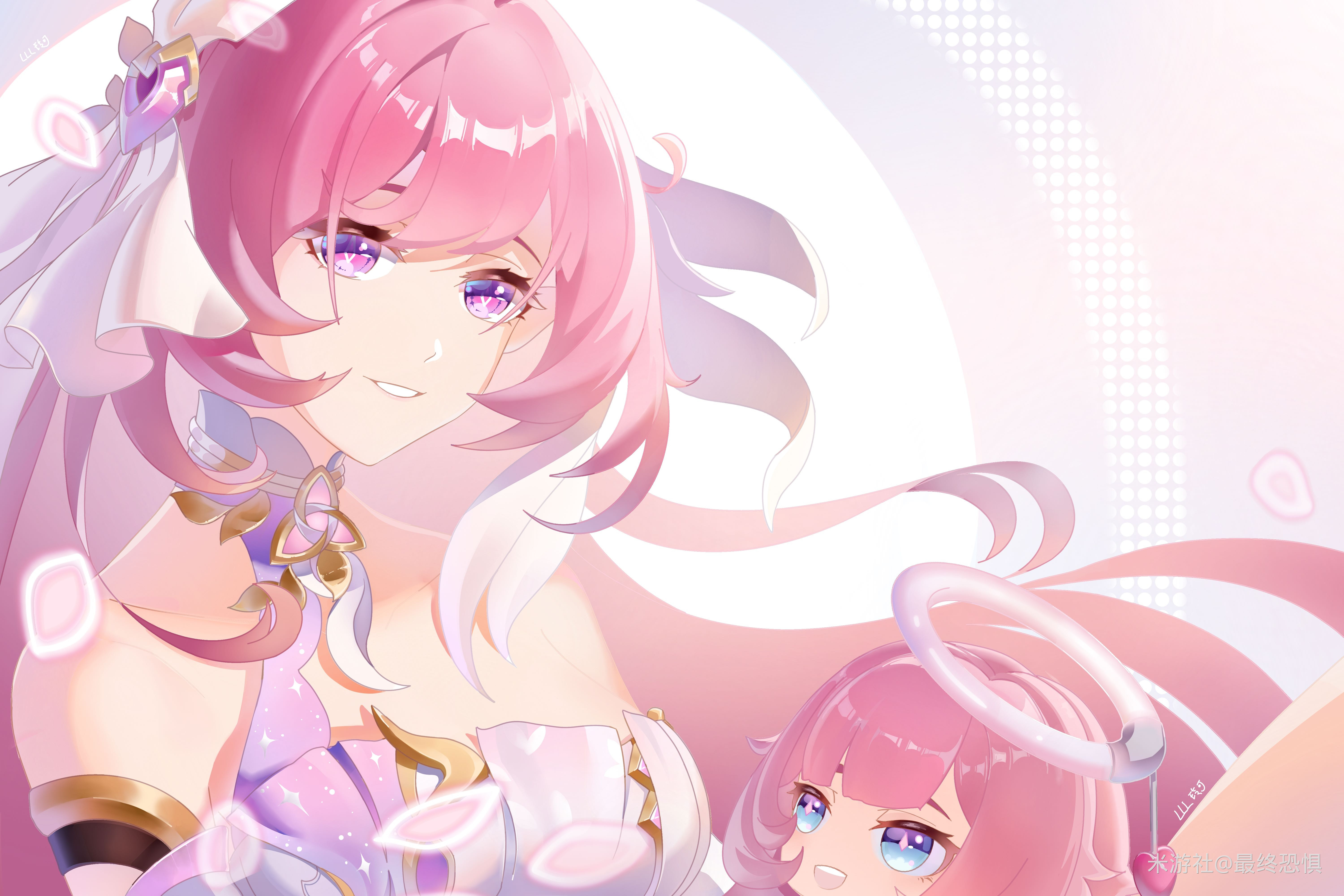 zuizhong kongju, elf elysia, elysia (herrscher of human: ego) (honkai impact), elysia (honkai impact), honkai (series), honkai impact 3rd, absurdres, chinese commentary, commentary request, highres, 2girls, bare shoulders, blue eyes, breasts, corset, diamond-shaped pupils, diamond (shape), hair ornament, halo, large breasts, long hair, miyoushe watermark, multicolored hair, multiple girls, parted lips, pink hair, purple eyes, smile, symbol-shaped pupils, triquetra, two-tone hair, very long hair, watermark, white corset, white hair
