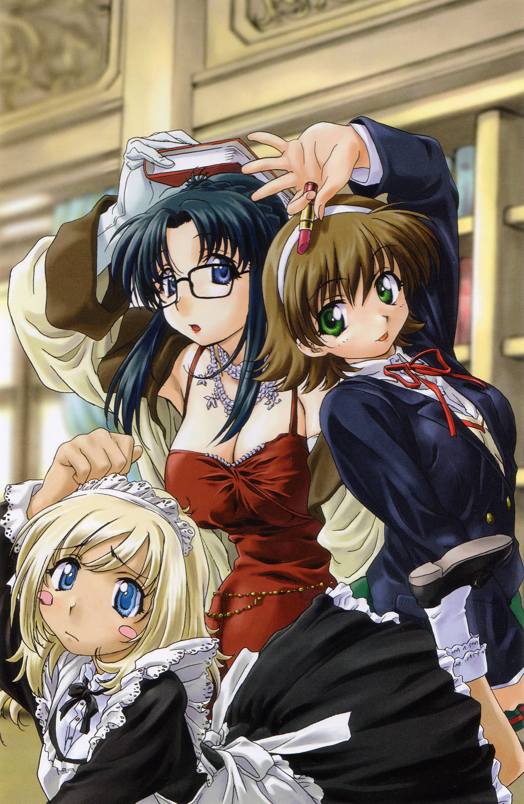 uon taraku, sumiregawa nenene, wendy earhart, yomiko readman, read or die, hand on head, highres, 00s, 3girls, :o, :p, aged down, arm up, belt, black hair, blazer, blonde hair, blue eyes, blush, blush stickers, book, book on head, breasts, brown hair, cleavage, dress, frown, glasses, gloves, green eyes, hairband, jacket, jewelry, large breasts, library, lipstick, long hair, maid, maid headdress, makeup, multiple girls, object on head, off shoulder, open clothes, open jacket, open mouth, ribbon, school uniform, shoes, short hair, socks, standing, surprised, tongue, tongue out, tripping