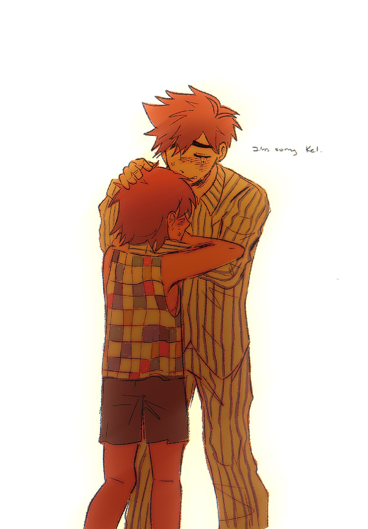 hero (faraway) (omori), hero (omori), kel (faraway) (omori), kel (omori), omori, hashtag-only commentary, highres, 2boys, aged down, antenna hair, bare arms, bare shoulders, black shorts, brothers, brown hair, character name, checkered clothes, checkered shirt, chromatic aberration, clenched teeth, closed eyes, collared shirt, crying, dark-skinned male, dark skin, english text, feet out of frame, film grain, grey pants, grey shirt, hair behind ear, hair between eyes, hand on another's head, hug, long sleeves, lyuz (justtoseemeplea), male focus, multiple boys, outline, pajamas, pants, profile, raised inner eyebrows, shirt, short hair, shorts, siblings, simple background, sleeveless, sleeveless shirt, standing, striped clothes, striped pajamas, striped pants, striped shirt, teeth, two-tone pants, two-tone shirt, u u, vertical-striped clothes, vertical-striped pajamas, vertical-striped pants, vertical-striped shirt, very short hair, white background, white pants, white shirt, yellow outline