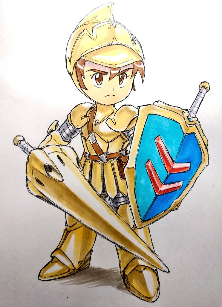 heika (heikahp), gilgamesh (druaga), druaga no tou, commentary request, traditional media, 1boy, armor, armored boots, armored skirt, belt, belt pouch, boots, breastplate, brown belt, brown eyes, brown hair, closed mouth, full armor, full body, gauntlets, gold armor, helmet, holding, holding polearm, holding shield, holding weapon, lance, male focus, polearm, pouch, shadow, shield, shoulder armor, solo, standing, weapon