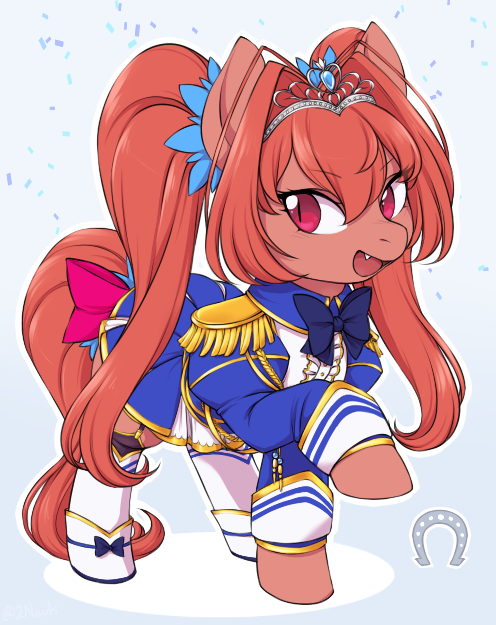 daiwa scarlet (umamusume), my little pony, my little pony: friendship is magic, umamusume, commentary, english commentary, 2nauti, animal, animal focus, animalization, blue background, blue bow, blue bowtie, bow, bowtie, brown hair, clothed animal, fang, full body, hair between eyes, hair intakes, hooves, horse, long hair, looking at viewer, no humans, open mouth, outline, recursive animalization, red bow, red eyes, shirt, simple background, skirt, slit pupils, smile, solo, standing, tail, tail bow, tail ornament, tiara, twintails, very long hair, white outline