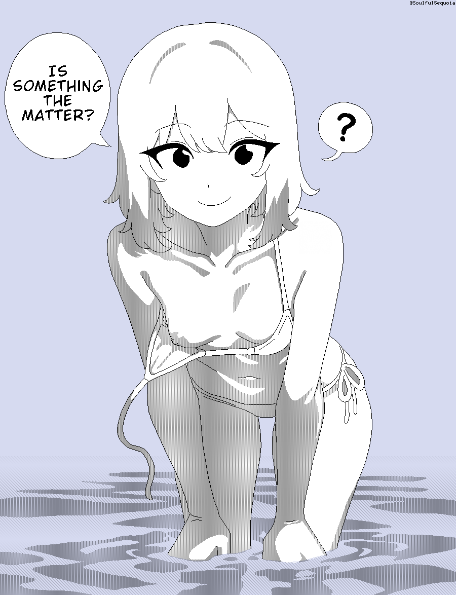 soulfull sequoia, original, 1girl, ?, bare shoulders, bikini, breasts, closed mouth, collarbone, dot nose, double-parted bangs, english text, hair between eyes, hands on own knees, leaning forward, looking at viewer, monochrome, navel, nipples, one breast out, pixel art, short hair, side-tie bikini bottom, small breasts, smile, solo, speech bubble, spoken question mark, spot color, swimsuit, thighs, twitter username, wading, wardrobe malfunction, water