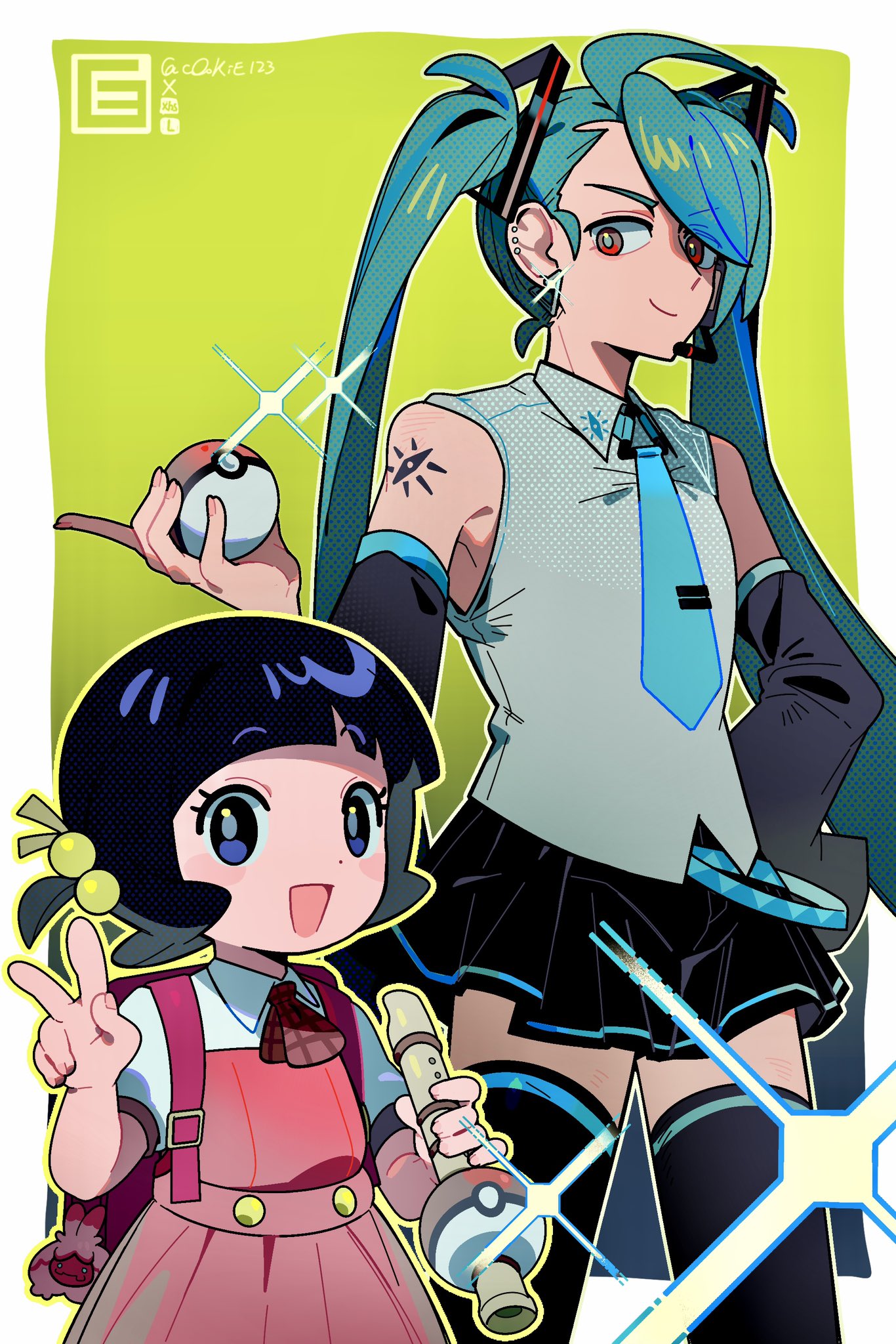 e123oo, hatsune miku, kaai yuki, poppy (pokemon), rika (pokemon), tinkaton, nintendo, pokemon, pokemon sv, vocaloid, commentary, highres, symbol-only commentary, 2girls, ahoge, aqua necktie, arched bangs, artist logo, artist name, bare shoulders, black skirt, black thighhighs, checkered necktie, collared shirt, cosplay, detached sleeves, ear piercing, earrings, flute, green hair, grey pupils, grey shirt, hair ornament, hatsune miku (cosplay), holding, holding flute, holding instrument, holding poke ball, instrument, jewelry, kaai yuki (cosplay), logo, long hair, multiple girls, necktie, piercing, pink necktie, pink skirt, pleated skirt, poke ball, poke ball (basic), poke flute, red eyes, shirt, short sleeves, shoulder tattoo, skirt, sleeveless, sleeveless shirt, smile, tattoo, thighhighs, triangle earrings, twintails, v, very long hair, white shirt