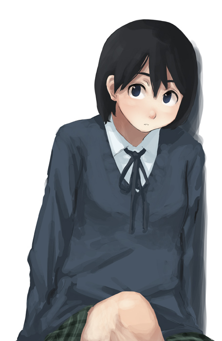 tamaru tokihiko, original, 1girl, arms at sides, black hair, blue eyes, bob cut, collared shirt, female focus, green skirt, hair between eyes, long sleeves, looking at viewer, miniskirt, neck ribbon, plaid clothes, plaid skirt, ribbon, school uniform, serafuku, shirt, short hair, simple background, sitting, skirt, solo, sweater, white background, white shirt