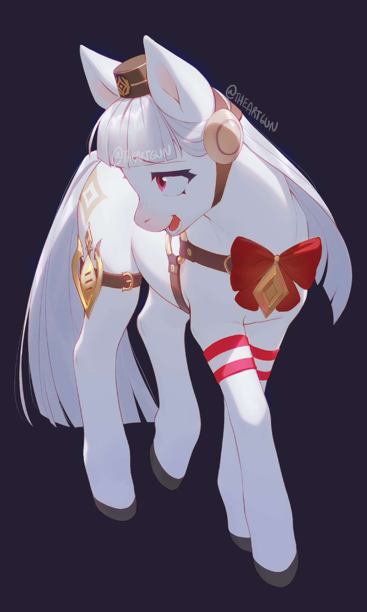 theartgun, gold ship (umamusume), my little pony, my little pony: friendship is magic, umamusume, commentary, english commentary, highres, animal, animal focus, animalization, black background, blunt bangs, bow, cutie mark, full body, grey hair, hooves, horse, long hair, no humans, pillbox hat, pony (animal), recursive animalization, red eyes, simple background, smile, solo, standing, watermark