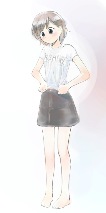 ikeda jun (mizutamari), original, 1girl, barefoot, blouse, feet, female focus, full body, shirt, simple background, solo, standing, toes, white shirt