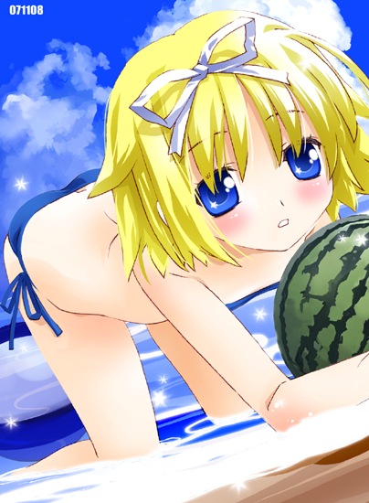 noto (soranoto), original, 1girl, bikini, butt crack, day, female focus, food, fruit, holding, holding food, holding fruit, holding watermelon, solo, swimsuit, watermelon