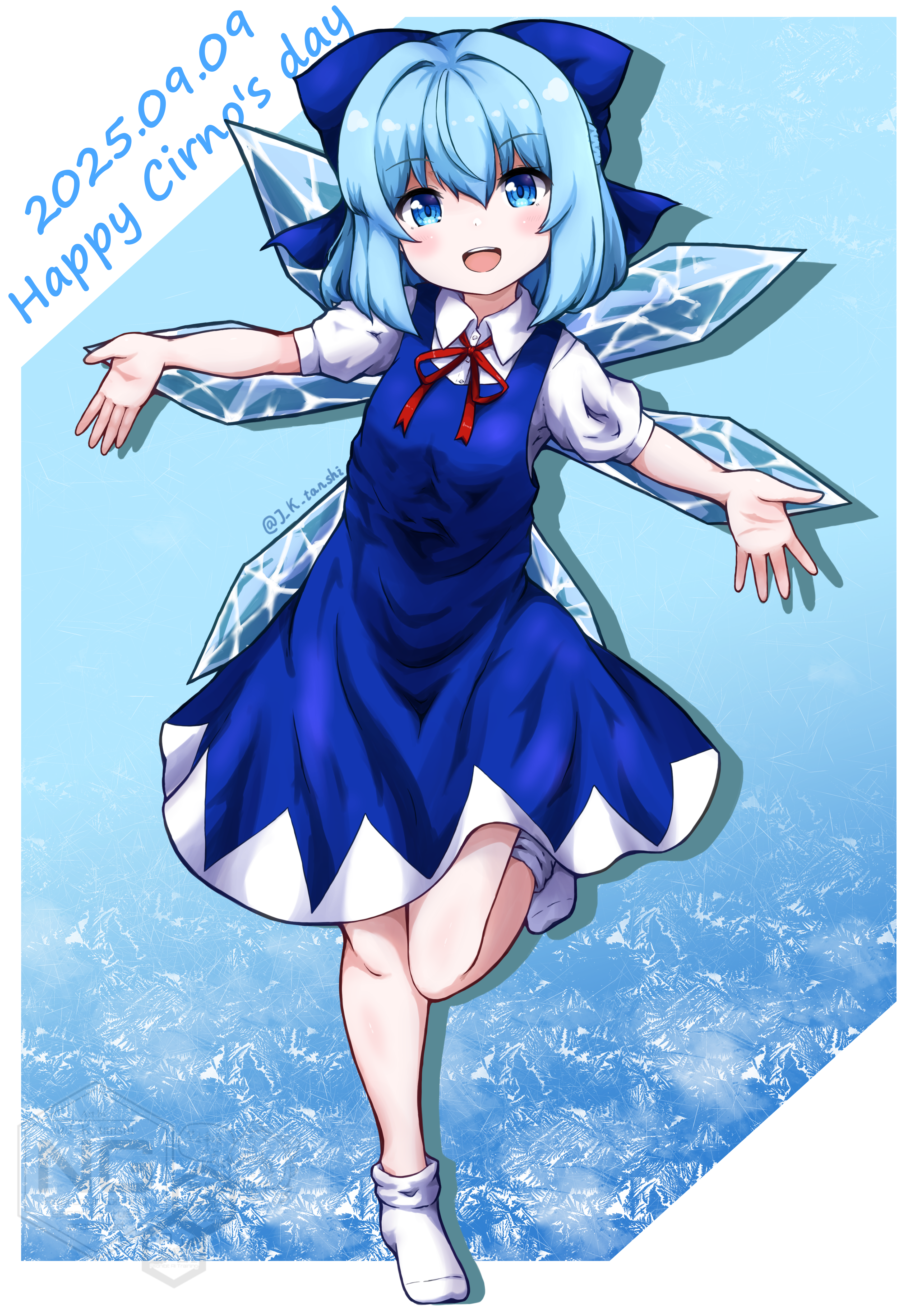 j k tanashi, cirno, touhou, absurdres, commentary request, highres, 1girl, blue bow, blue dress, blue eyes, blue hair, bow, cirno day, collared shirt, dated, detached wings, dress, english text, full body, hair bow, ice, ice wings, leg up, looking at viewer, neck ribbon, open mouth, pinafore dress, puffy short sleeves, puffy sleeves, red ribbon, ribbon, shirt, short sleeves, sleeveless, sleeveless dress, smile, socks, solo, twitter username, white shirt, white socks, wings