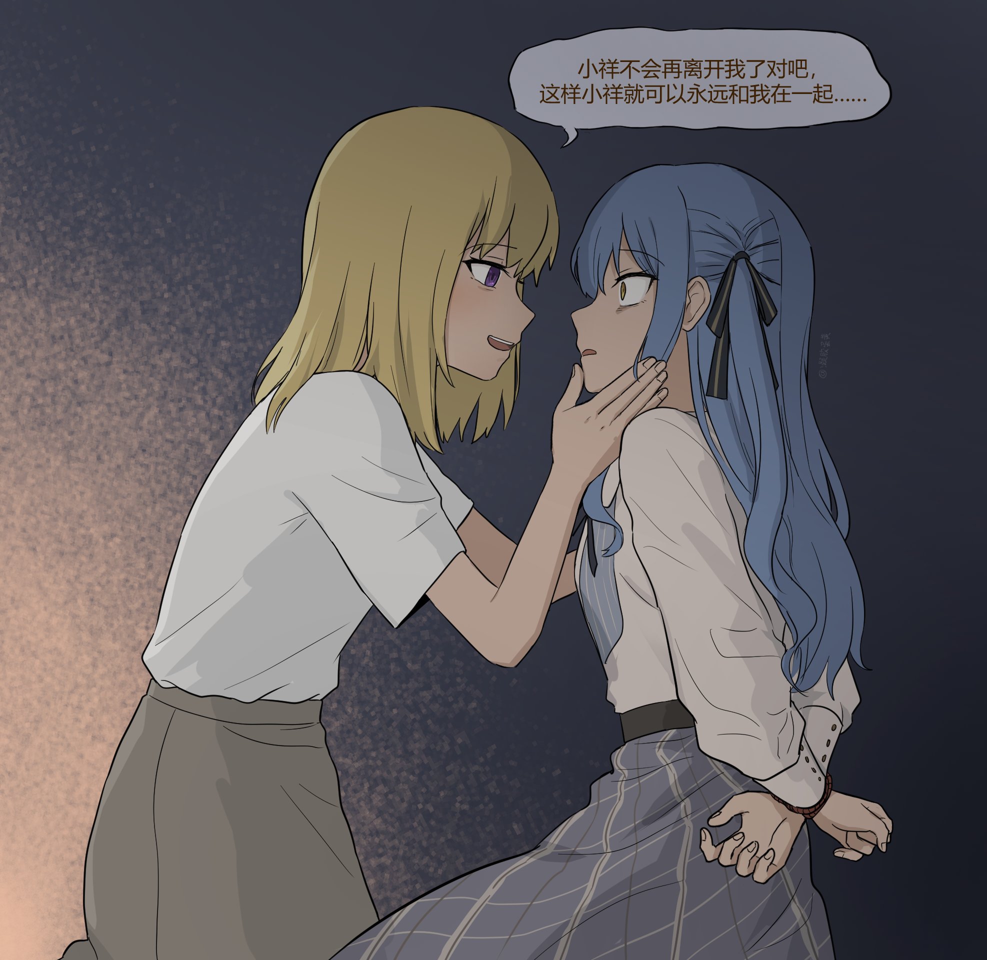 rankaku, misumi uika, togawa sakiko, bang dream!, bang dream! it's mygo!!!!!, commentary, highres, translation request, 2girls, arms behind back, black ribbon, blonde hair, blue eyes, bound, bound wrists, chinese text, grey skirt, hair ribbon, hand on another's cheek, hand on another's face, long hair, medium hair, multiple girls, open mouth, purple eyes, ribbon, shirt, short sleeves, sidelocks, skirt, teeth, upper teeth only, white shirt, yandere, yuri