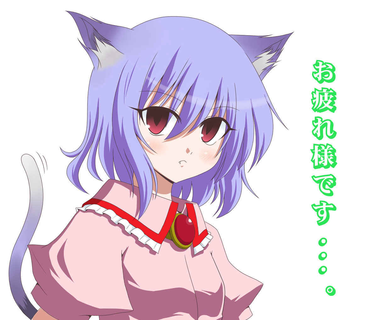 blue pony, bluepony, remilia scarlet, touhou, translated, 1girl, animal ears, cat ears, cat girl, cat tail, fang, fang out, female focus, hair between eyes, kemonomimi mode, simple background, solo, tail, upper body, white background