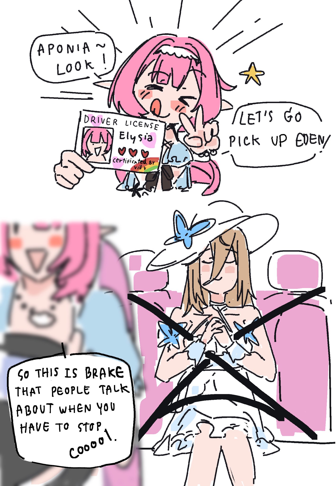 yaro yk, aponia, aponia (mesmerizing blue), elysia (honkai impact), elysia (miss pink elf) (honkai impact), elysia (summer miss elf) (honkai impact), honkai (series), honkai impact 3rd, commentary, english commentary, highres, >:p, 2girls, bikini, blonde hair, blue bikini, breasts, car interior, dress, driving, elf, english text, hair between eyes, hairband, hat, holding, jewelry, long hair, multiple girls, necklace, official alternate costume, own hands together, photo (object), pointy ears, seatbelt, shell, shell necklace, speech bubble, sun hat, sundress, swimsuit, v, very long hair, white dress, white hairband, white hat