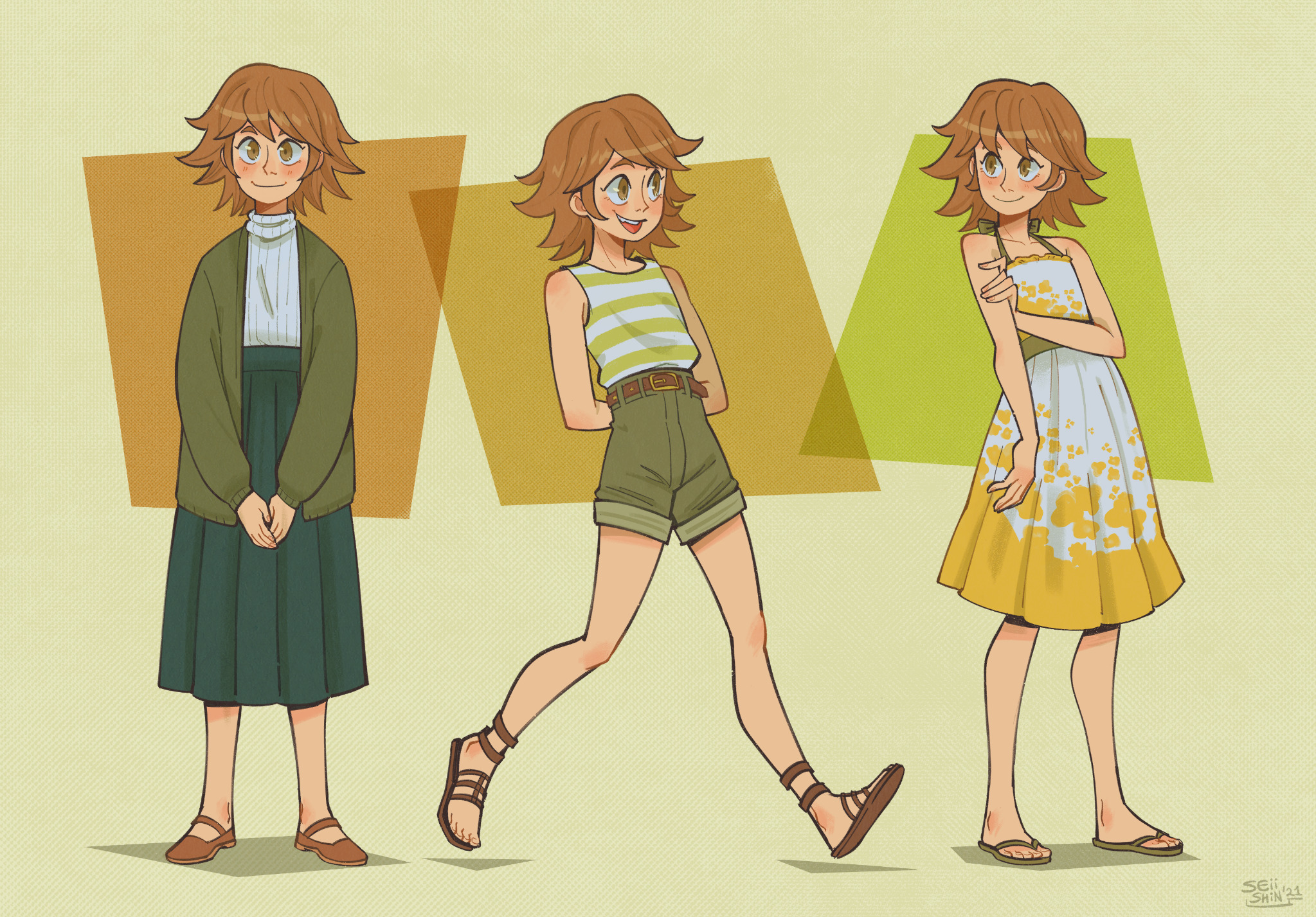 seiishin, fujisaki chihiro, danganronpa: trigger happy havoc, danganronpa (series), commentary, english commentary, highres, 1boy, alternate costume, aqua skirt, arms behind back, bare shoulders, belt, blush, brown belt, brown eyes, brown hair, brown sandals, brown shoes, closed mouth, dated, dress, eyelashes, flip-flops, full body, green jacket, green shorts, green skirt, hand on own arm, jacket, male focus, multiple views, open clothes, open jacket, open mouth, sandals, shirt, shoes, short hair, shorts, signature, skirt, sleeveless, sleeveless shirt, smile, standing, striped clothes, striped shirt, sweater, teeth, trap, two-tone dress, two-tone shirt, upper teeth only, white dress, white shirt, white sweater, yellow dress