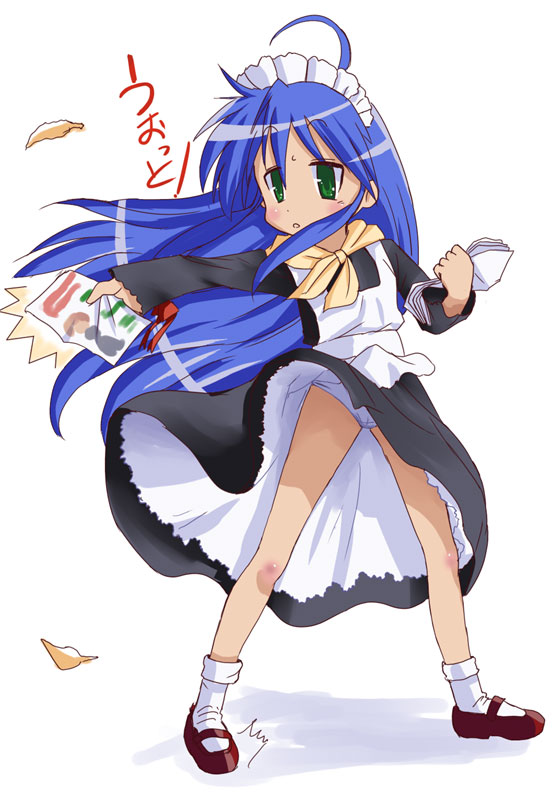 izumi konata, lucky star, 1girl, alternate costume, blue hair, cosplay, dress, enmaided, female focus, full body, green eyes, long hair, maid, panties, solo, underwear, white background, wind