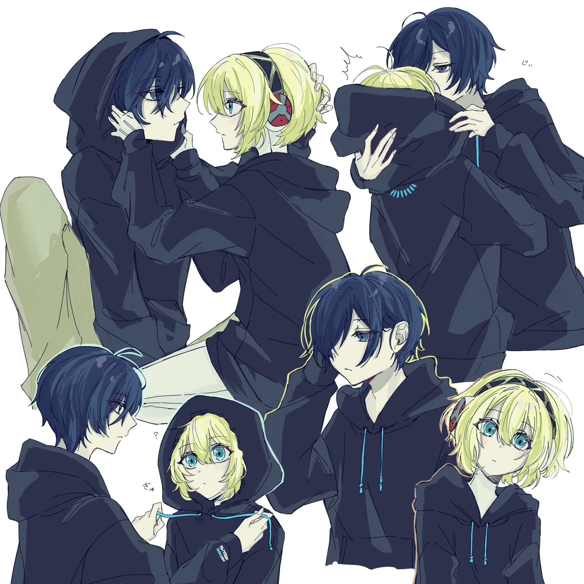 sakizome1001, aigis (persona), yuuki makoto (persona 3), persona, persona 3, persona 3 reload, highres, 1boy, 1girl, ?, ahoge, alternate costume, android, aqua eyes, between legs, black hoodie, blonde hair, blue eyes, blue hair, closed mouth, copyright logo, crossed bangs, dot mouth, dot nose, eyes visible through hair, gold hairband, hair over one eye, hairband, hand between legs, hand in another's hair, hand on another's head, hand on own ear, hands on another's head, head tilt, hetero, hood, hood up, hoodie, kiss, knee up, light frown, long sleeves, looking at another, looking to the side, matching outfits, multiple views, pants, robot ears, short hair, simple background, sitting, upper body, white background, white pants, yellow pants