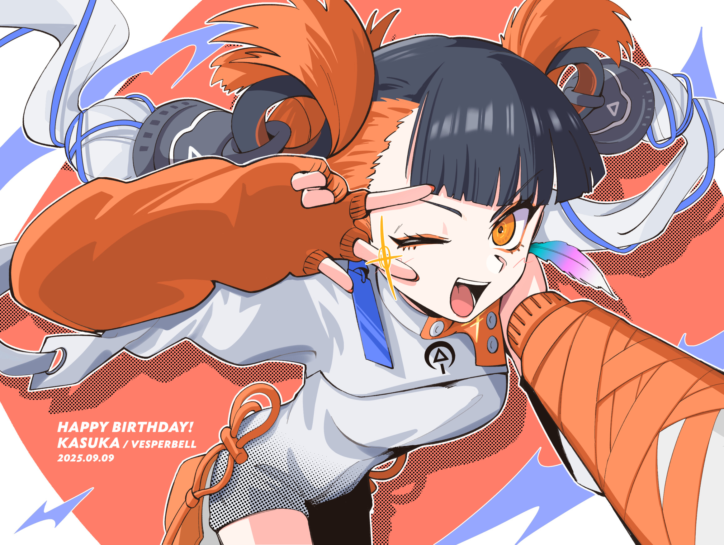 itsumeee3, kasuka (vesperbell), vesperbell, commentary request, highres, 1girl, black hair, breasts, character name, cowboy shot, dated, dress, eyeliner, fingerless gloves, gloves, happy birthday, holding, holding megaphone, leaning forward, looking at viewer, makeup, medium breasts, megaphone, one eye closed, open mouth, orange background, orange eyeliner, orange eyes, orange gloves, short hair, smile, solo, virtual youtuber, w, w over eye, white dress