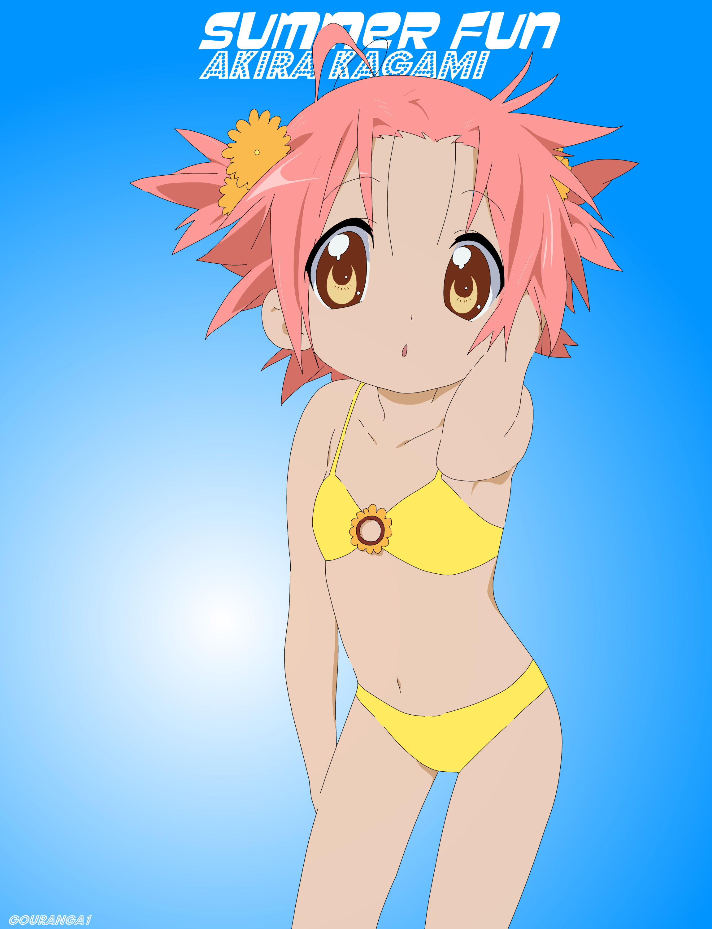 kogami akira, lucky star, absurdres, derivative work, highres, vector trace, 00s, bikini, solo, swimsuit, yellow bikini