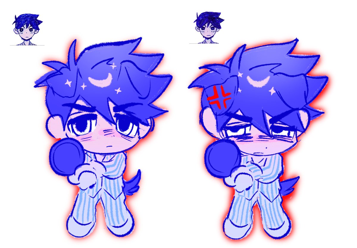 hero (headspace) (omori), hero (omori), omori, commentary request, 1boy, anger vein, angry, antenna hair, bags under eyes, blue pants, blue shirt, chibi, chibi only, closed mouth, colored skin, dog tail, dot nose, double-parted bangs, film grain, frown, frying pan, full body, game screenshot inset, hair between eyes, half-closed eyes, holding, holding frying pan, long sleeves, looking at viewer, lyuz (justtoseemeplea), male focus, multiple views, official art inset, outline, pajamas, pants, pink skin, purple hair, purple tail, red outline, reference inset, shirt, short hair, simple background, sparkle, standing, striped clothes, striped pajamas, striped pants, striped shirt, tail, two-tone pants, two-tone shirt, v-shaped eyebrows, vertical-striped clothes, vertical-striped pajamas, vertical-striped pants, vertical-striped shirt, very short hair, white background, white eyes, white pants, white shirt