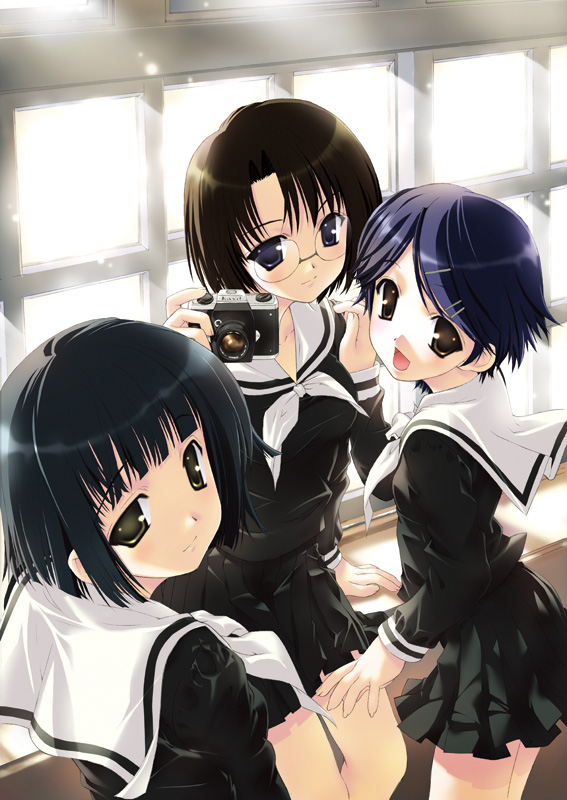 fujima takuya, nijou noriko, takeshima tsutako, yamaguchi mami, maria-sama ga miteru, 00s, 3girls, black hair, blue hair, brown hair, camera, glasses, hair ornament, hairclip, hairpin, multiple girls, parted bangs, purple eyes, round eyewear, school uniform, serafuku, short hair, window