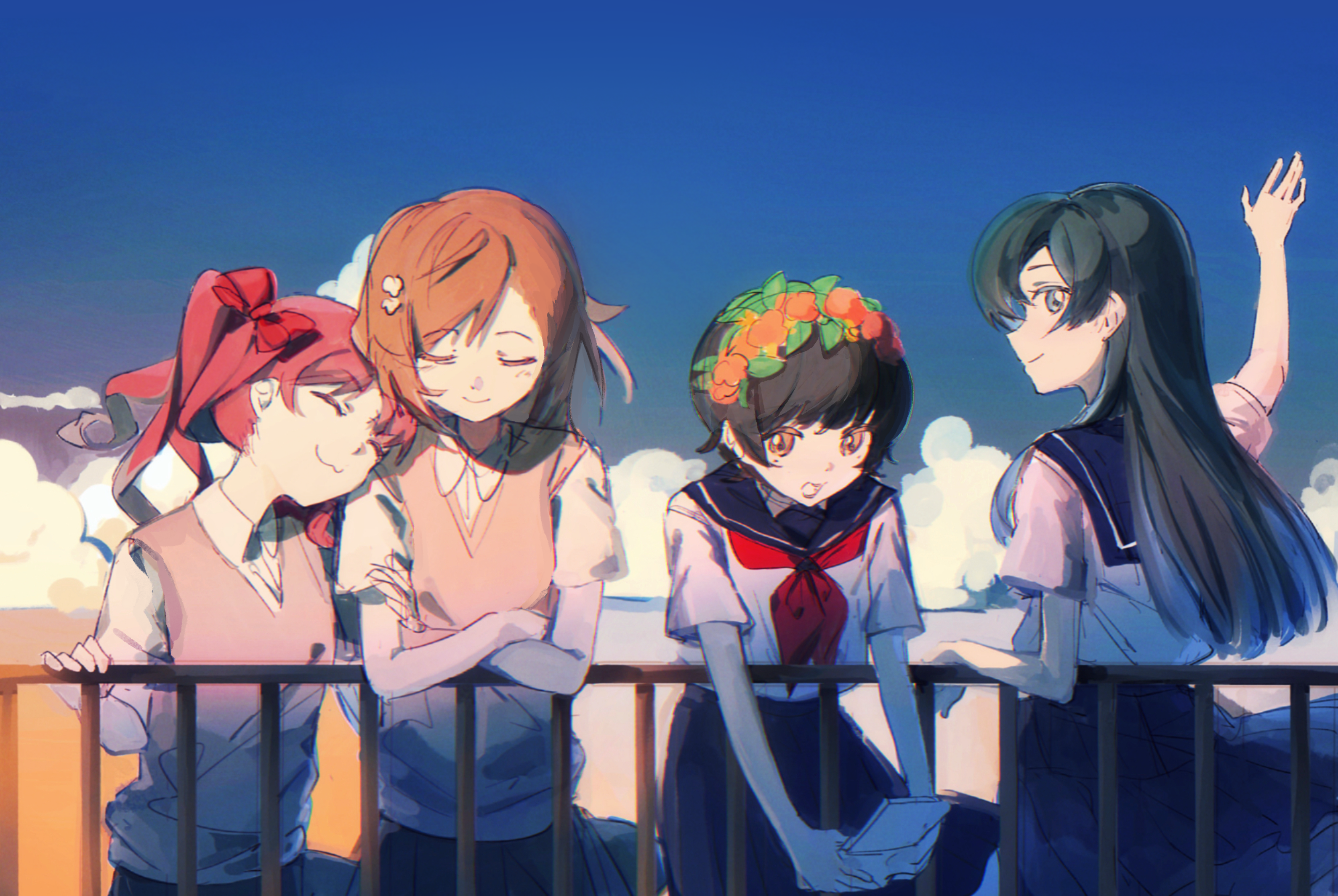 weyiyuntfn, misaka mikoto, saten ruiko, shirai kuroko, uiharu kazari, toaru kagaku no railgun, toaru majutsu no index, commentary, highres, 4girls, :3, against railing, black hair, blue sailor collar, blue skirt, blue sky, bow, brown eyes, brown hair, brown sweater vest, closed eyes, collared shirt, crossed arms, flower hairband, grey skirt, hair bow, hair ornament, hairpin, holding, holding phone, long hair, medium hair, miniskirt, multiple girls, neckerchief, no emblem, outdoors, phone, pleated skirt, railing, red bow, red neckerchief, sailor collar, sakugawa school uniform, school uniform, serafuku, shirt, short hair, short sleeves, skirt, sky, smile, summer uniform, sweater vest, tokiwadai school uniform, twintails, v-neck, waving, white shirt