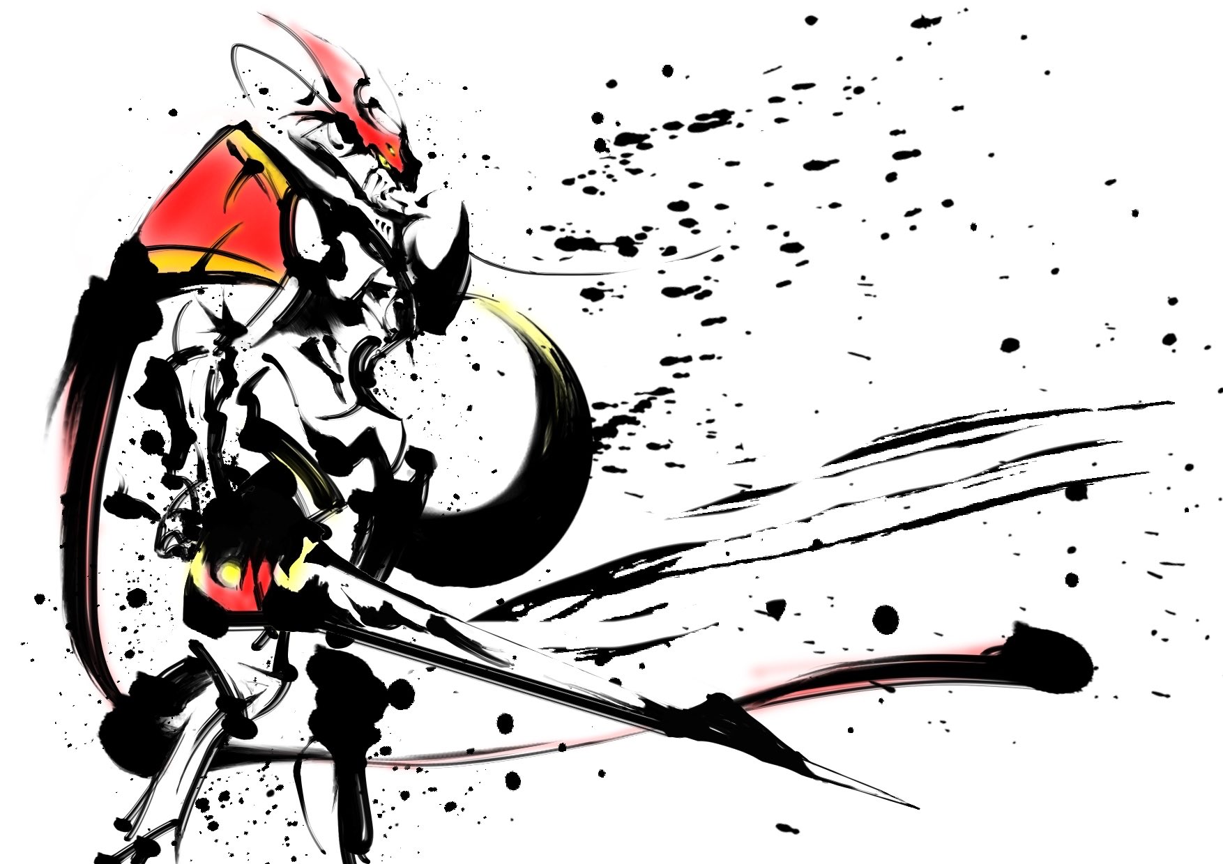 naoten 7010, dukemon, digimon, highres, armor, cape, digimon (creature), from side, holding, holding polearm, holding shield, holding weapon, ink wash painting, knight, lance, polearm, profile, red cape, shield, simple background, weapon, white armor, white background