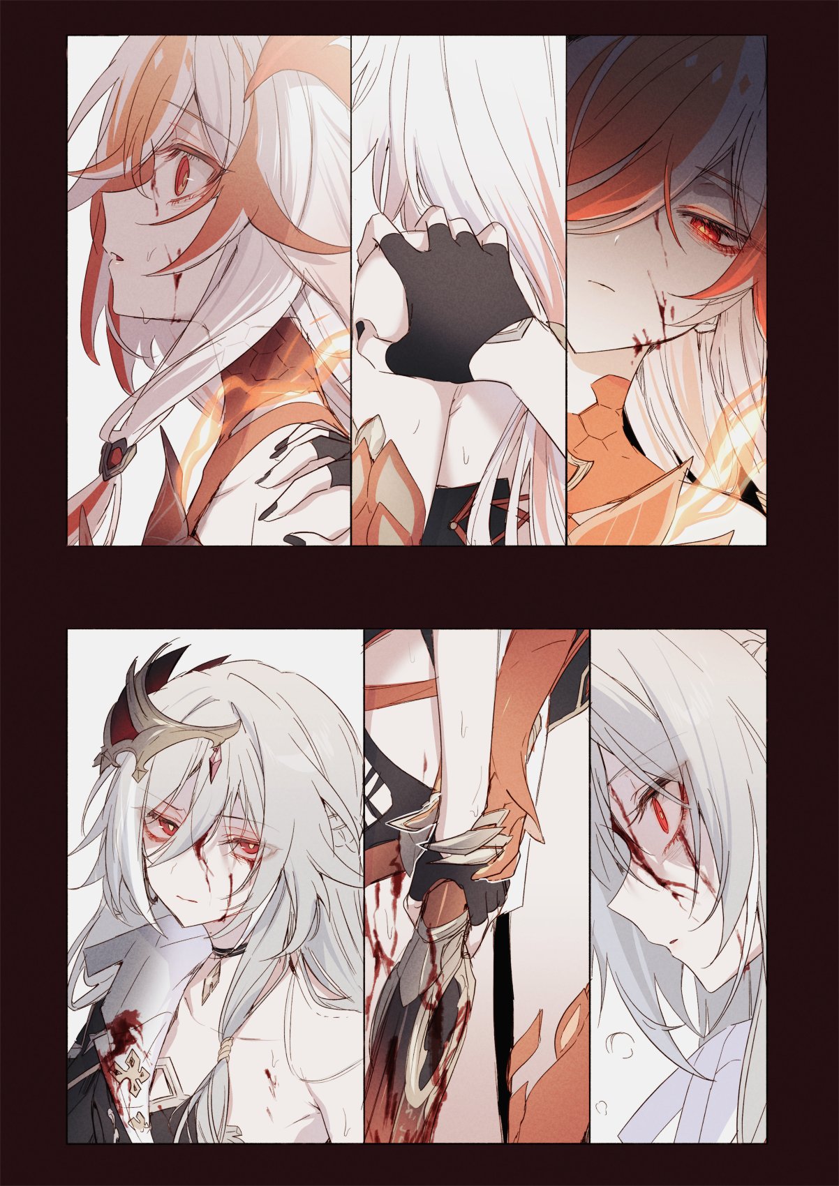 takakura aki, fu hua, fu hua (garuda), herrscher of sentience, honkai (series), honkai impact 3rd, commentary request, highres, 2girls, black gloves, blood, blood on face, gloves, grey hair, hair ornament, hair over one eye, holding hands, multicolored hair, multiple girls, red eyes, red gloves, red hair, two-tone hair, white hair