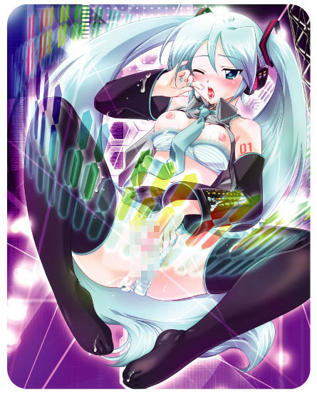 anko koubou, hatsune miku, vocaloid, striped, 1girl, blue hair, bra, bra pull, breasts, busy, censored, clothes pull, clothing aside, female focus, female masturbation, lingerie, long hair, masturbation, mosaic censoring, nipples, one eye closed, panties, panties aside, pussy, small breasts, solo, thighhighs, twintails, underwear, very long hair, wink