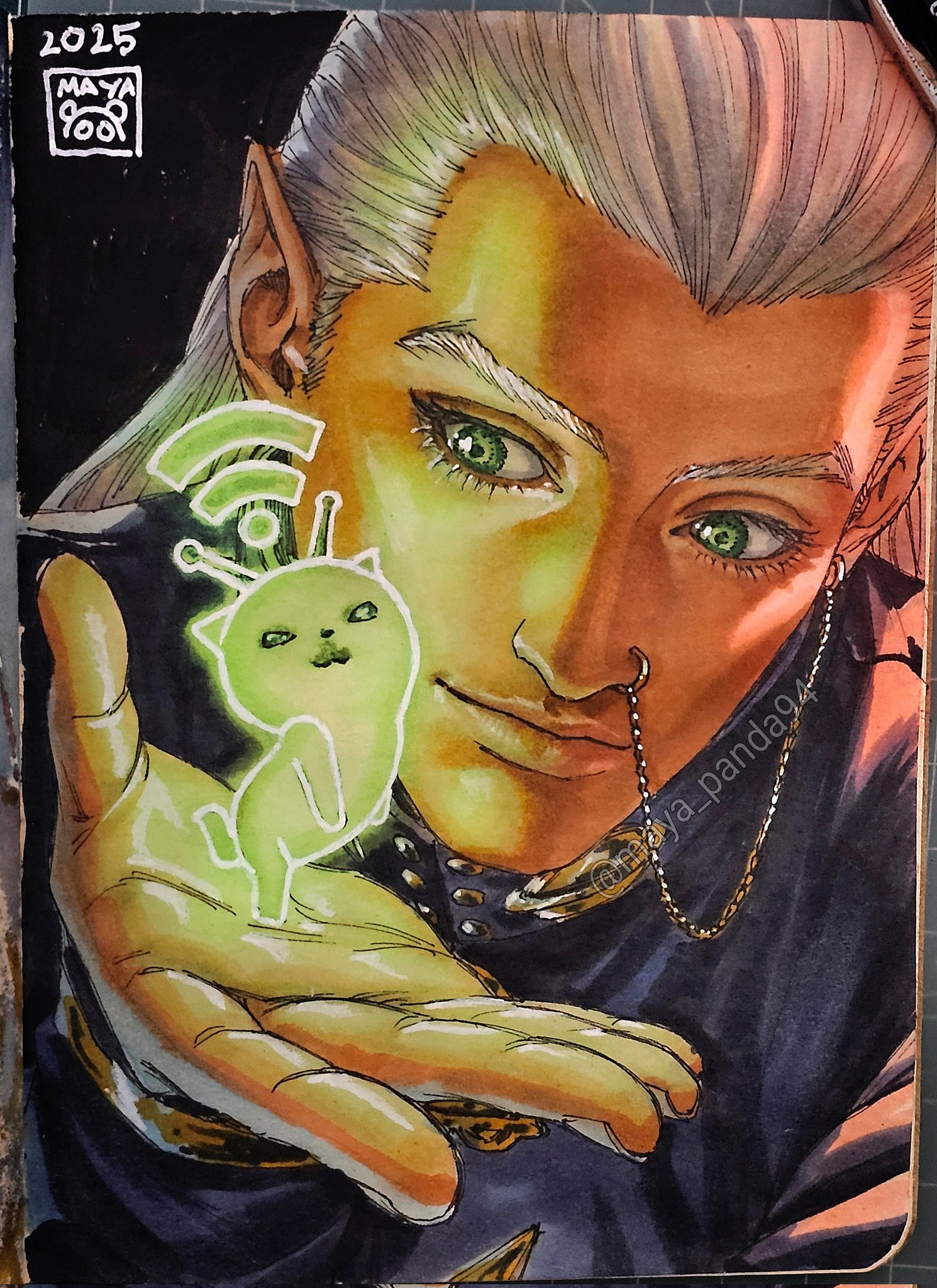 maya panda, hazekura mikitaka, diamond wa kudakenai, jojo no kimyou na bouken, highres, marker (medium), photo (medium), traditional media, 1boy, 2025, antennae, black background, blue coat, chain, close-up, coat, colored skin, dated, ear piercing, face piercing, gakuran, glorp, green eyes, green skin, long hair, male focus, nose piercing, nose ring, piercing, pointy ears, portrait, school uniform, signature, smile, solo, upper body, white hair, yellow skin