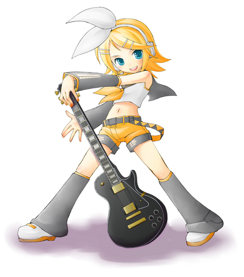 kagamine rin, vocaloid, tagme, blouse, guitar, instrument, sailor collar, shirt, short shorts, shorts, solo, white background, white shirt