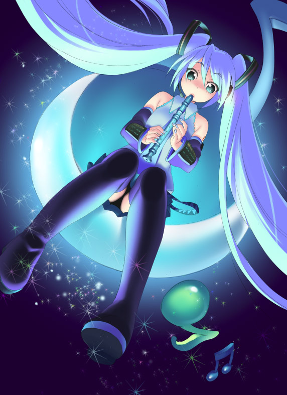 piyodera mucha, hatsune miku, vocaloid, 1girl, beamed quavers, blue hair, female focus, flute, holding, holding flute, holding instrument, instrument, long hair, musical note, quaver, recorder, solo, thighhighs, twintails, very long hair