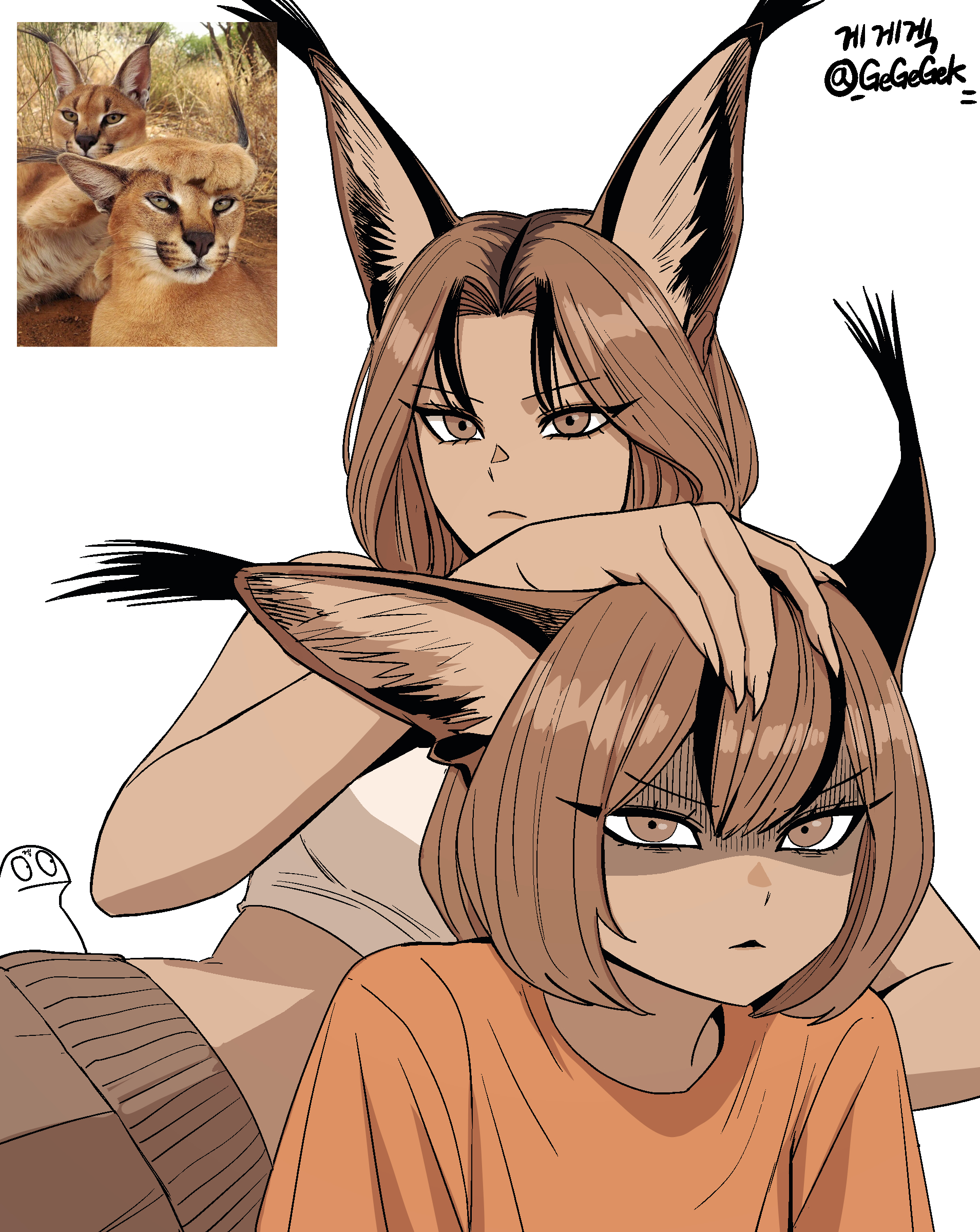 gegegekman, original, absurdres, animal request, highres, 2girls, animal ears, brown eyes, brown hair, closed mouth, dark-skinned female, dark skin, double-parted bangs, fingernails, hand on another's head, looking at viewer, multiple girls, orange shirt, parted hair, photo inset, reference inset, shaded face, shirt, short hair, white background