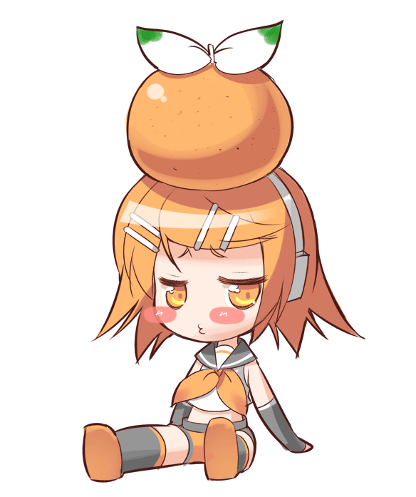 amasa mitsunaru, kagamine rin, vocaloid, 1girl, blush, chibi, female focus, food, food as clothes, fruit, full body, mandarin orange, orange (fruit), orange theme, sailor collar, solo, transparent background