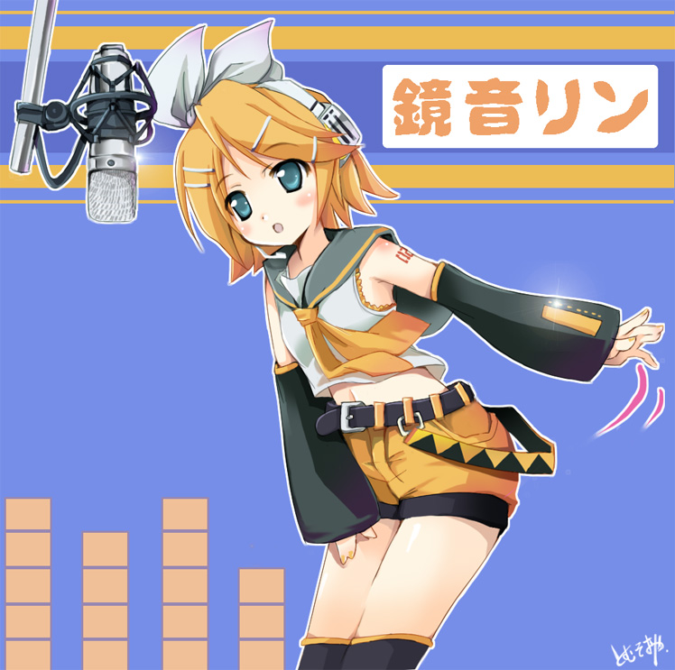 tomusooya, kagamine rin, vocaloid, 1girl, :o, belt, blonde hair, blue background, buckle, character name, cowboy shot, detached sleeves, female focus, hair ornament, hair ribbon, hairclip, microphone, number tattoo, open mouth, ribbon, sailor collar, short sleeves, shorts, shoulder tattoo, simple background, solo, standing, swept bangs, tattoo, text focus, white ribbon