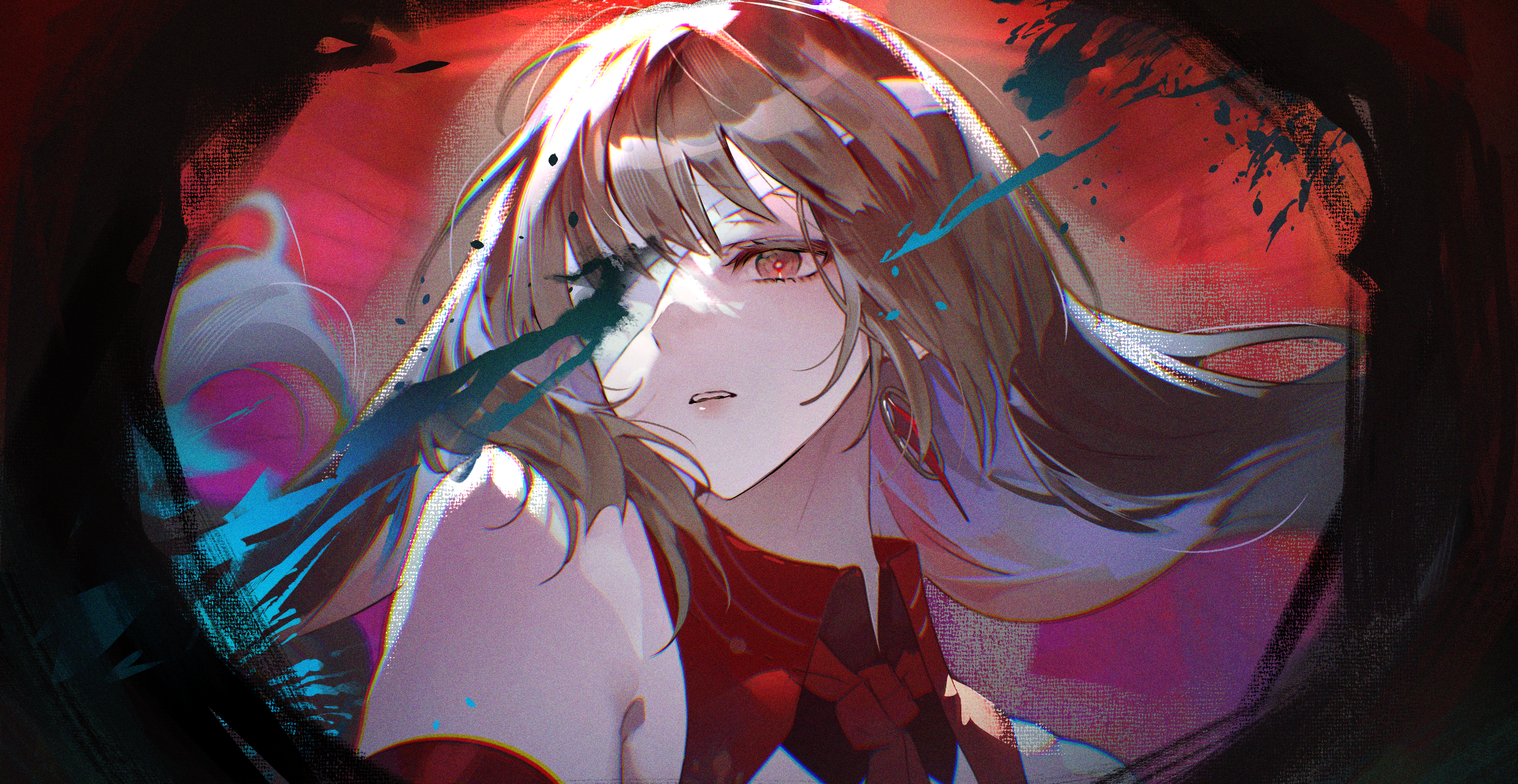 fsuusux, phrolova (wuthering waves), wuthering waves, commentary, highres, 1girl, bandage over one eye, bare shoulders, chromatic aberration, collar, earrings, grey hair, jewelry, long hair, looking ahead, parted lips, red collar, red eyes, solo